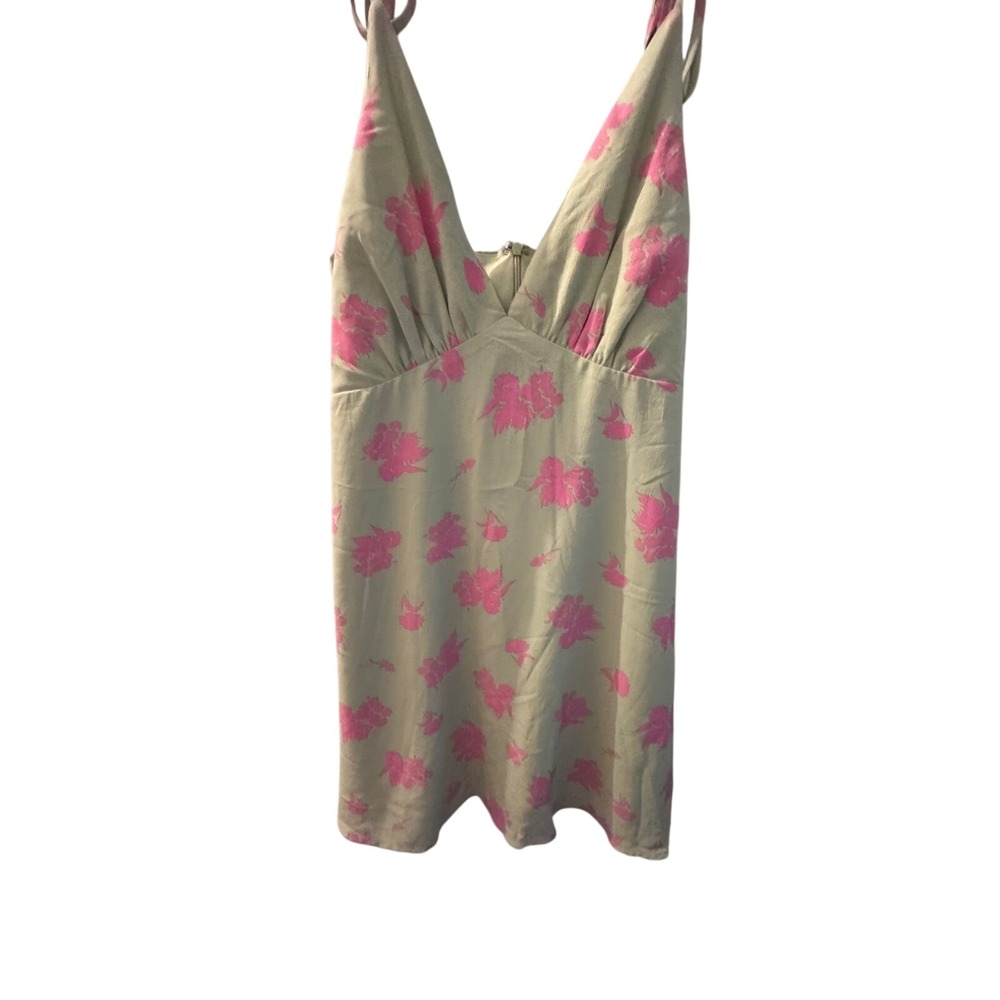 Aakaa Sage Green Pink Floral Tie Shoulder Mini Dress Small Deep V-Neck Summer‎